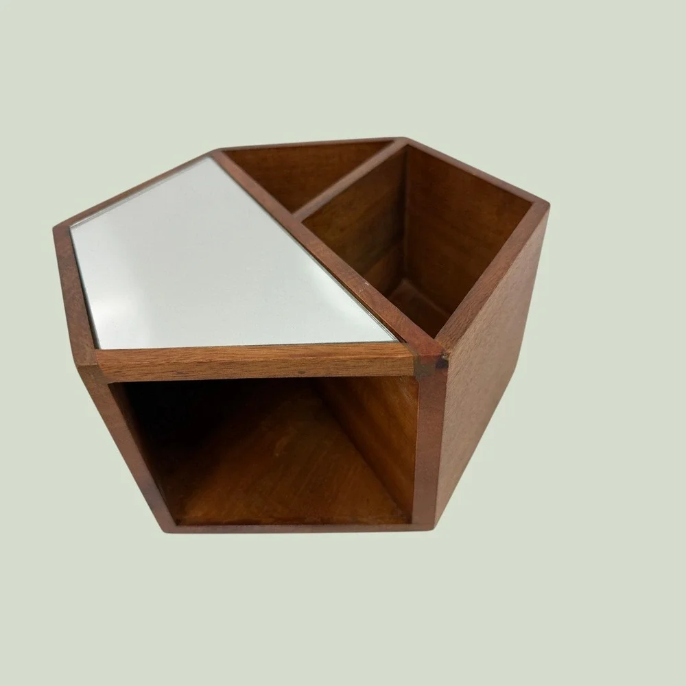 Hexagon Wood Wall Shelf with Mirror and Brass Hooks Geometric Entryway Decor